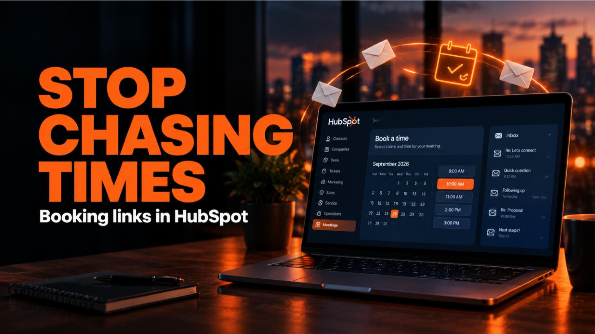 Paper envelopes bouncing in a loop, broken by a glowing orange calendar tile, illustrating booking links in HubSpot replacing email back-and-forth